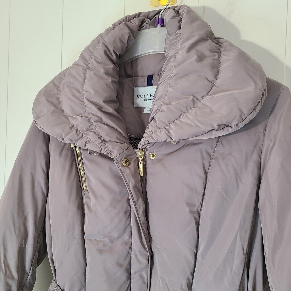 Cole Haan Puffer Coat Women's Large Oversized Collar Belted Long Down Filled - Picture 4 of 16